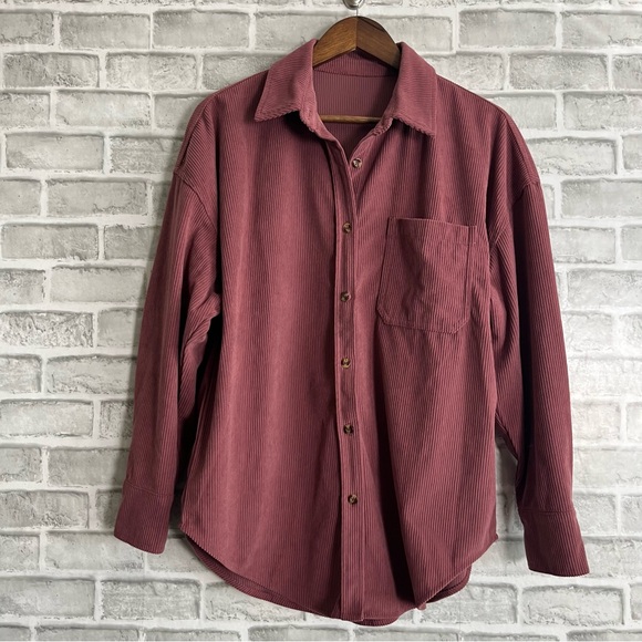 Corduroy Rose Pink Crushed Button Front Lightweight Boutique Shaket Jacket Sz M - Picture 1 of 6